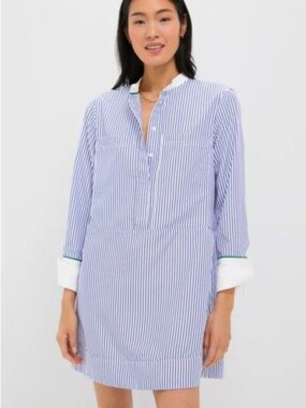 Pomander Place Womens Blue Stripe Button-Up Dress- White Trim